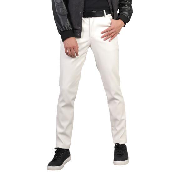 Men Faux Leather Pants Mid Waist Slim Fit Smooth Button Zipper Placket Solid Color Waterproof Hip Hop Style Streetwear Party Club Performance Trousers