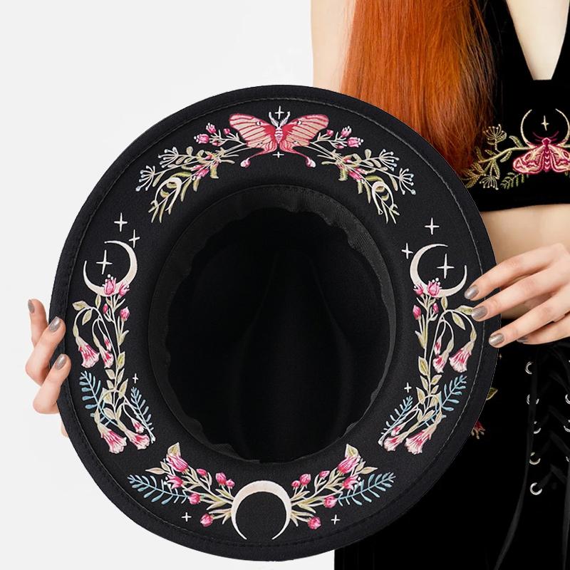 Wildflower Moon Print Fedora Hat Women Men Fashion Personality Autumn Winter Wide Brim Witchy Hat British Retro Flat Top Hat