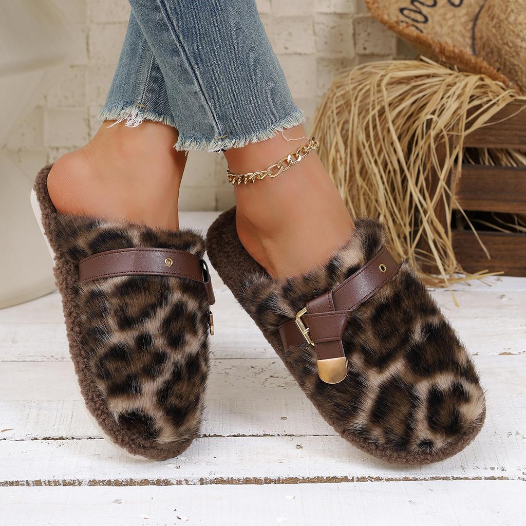 Women Thick Bottom Fur Slippers  Leopard Pattern Slides Women New Popular Head Cover Cotton Shoes Autumn Winter Outdoor Slippers