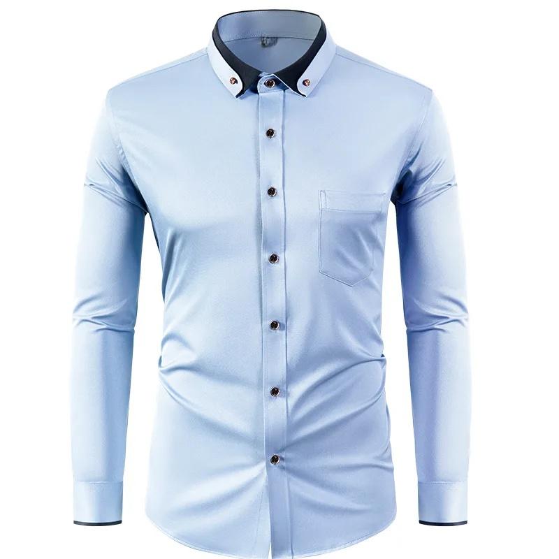 Elastic Shirt Men's Long Sleeved Diamond Buckle Contrasting Collar Design Solid Color Slim Fit Men's Shirt Men's Clothing