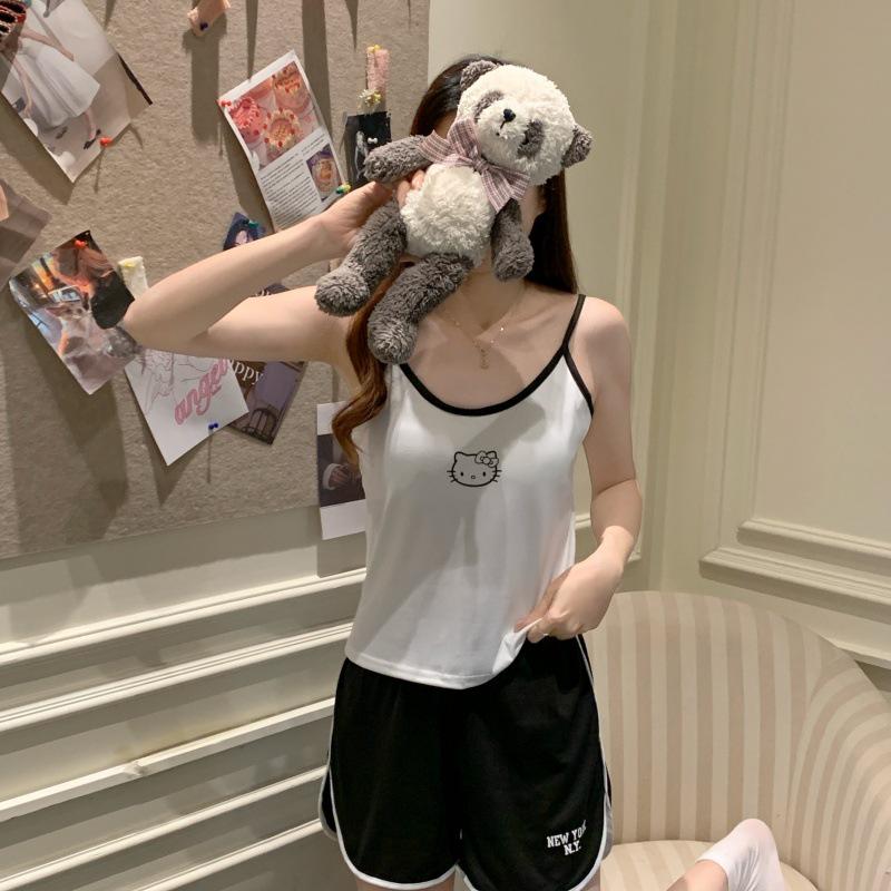Women's Cartoon Camisole Tank Top Pajamas Set with Chest Pads - Summer Home Wear for Girls with Shorts