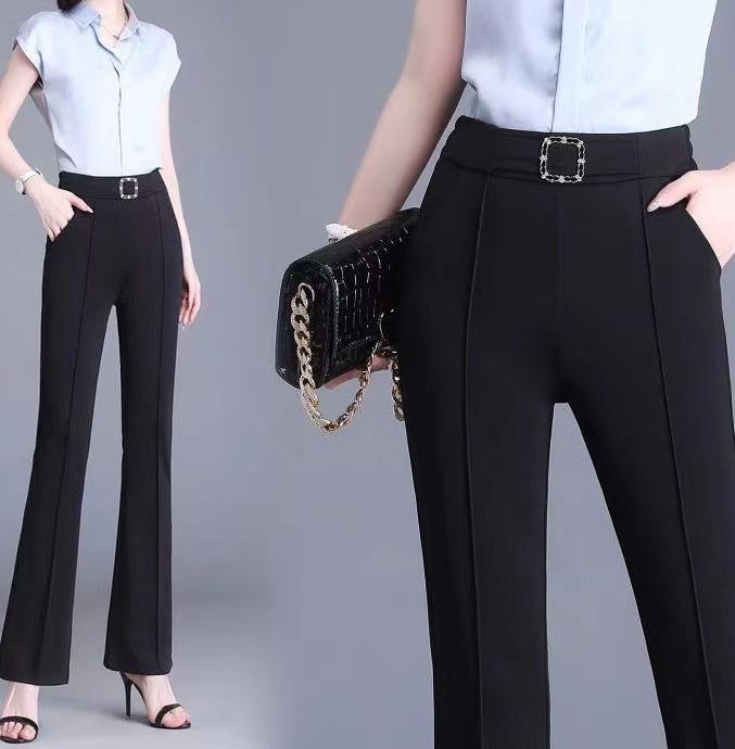 Dámské zeštíhlující kalhoty s vysokým pasem, úzké u kotníků a široké v dolní části, na jaro a podzim