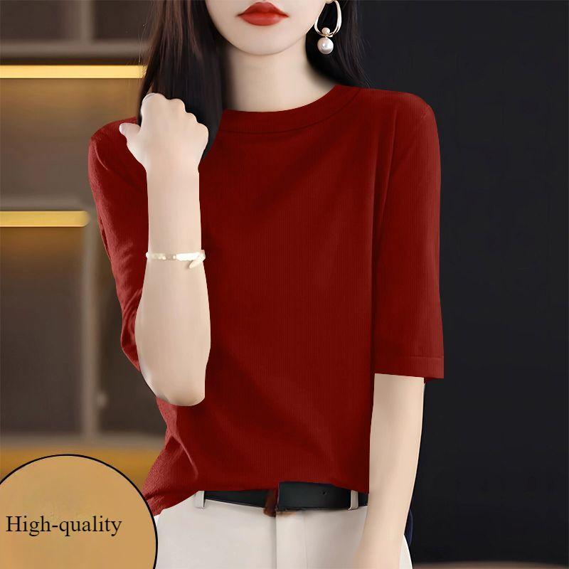 Summer Women's Threaded T-shirt  Slim Simple High-stretch T-shirt Solid Color Round Neck Half-sleeved Knit T-shirt