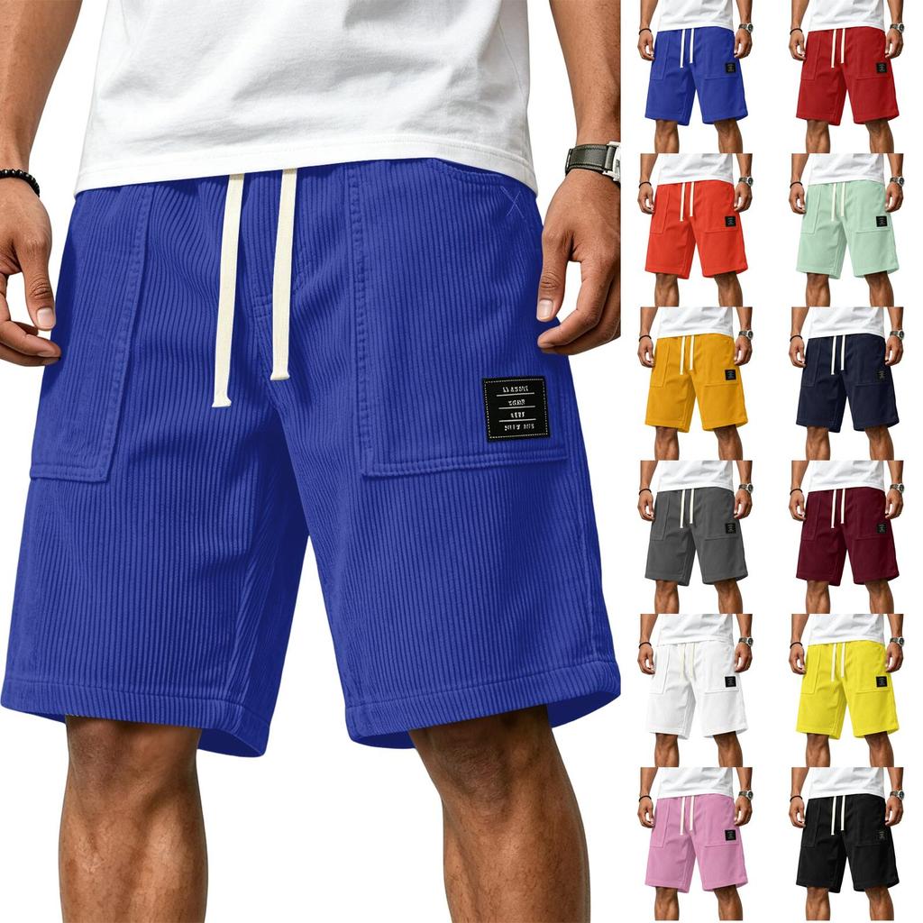 Men's Casual Corduroy Drawstring Shorts with Front Patch Pockets and Elastic Waistband Suitable for Everyday Wear and Outdoor Activities