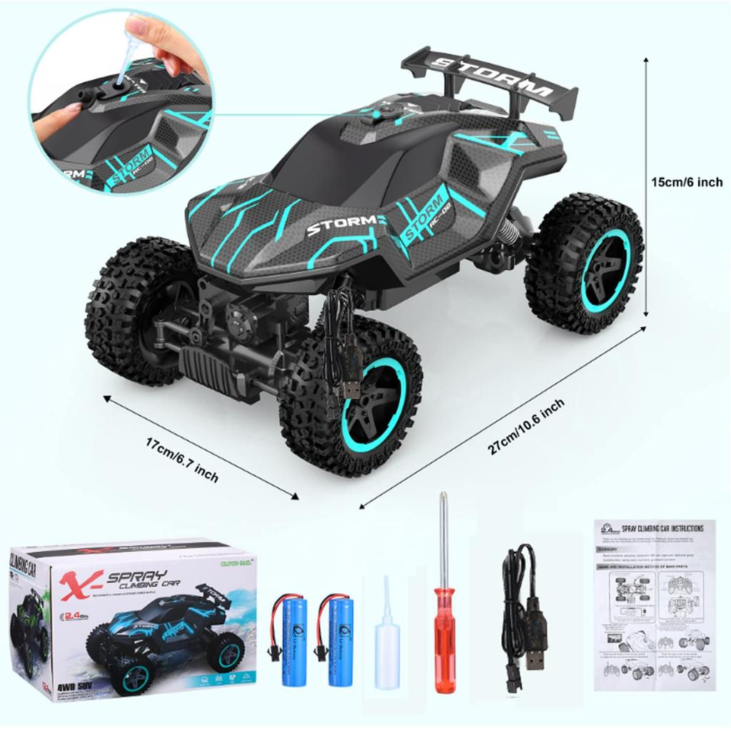 Auto Stunt Off-Road RC in Scala 1:16 per Bambini, Tempo di Funzionamento 70 Minuti, 4WD, Cinque Modalità di Luce, Spruzzo d'Acqua, Ricaricabile USB, LED, Giocattolo, Macchina per Bambini, Regalo