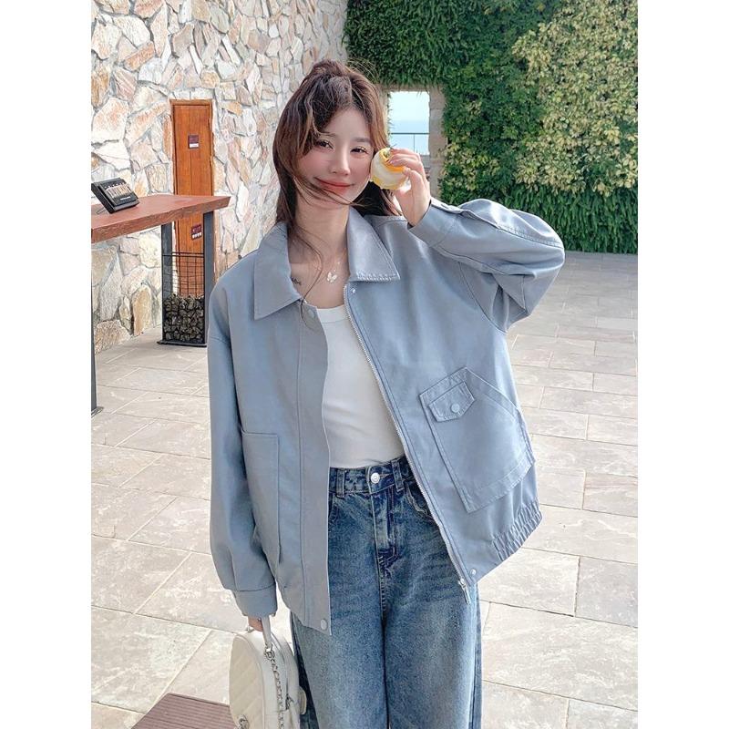 

Solid Color Zipper Pocket Cardigan Women Autumn Winter Casual Simple Lapel PU Leather Jacket S синій