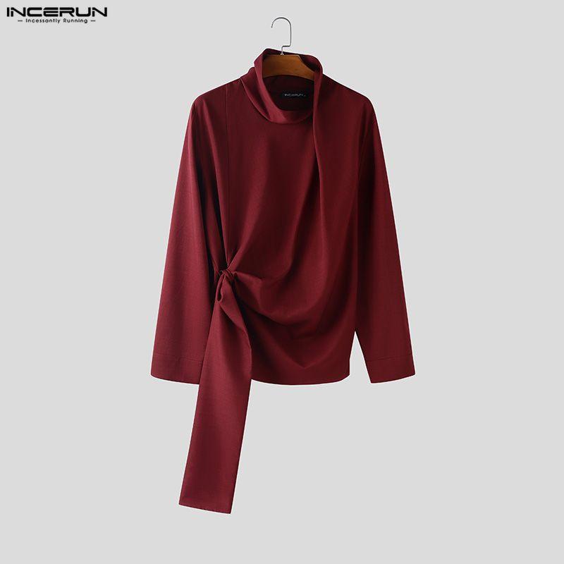 INCERUN Oversized Men Casual High Neck Long Sleeve Side Twisted Shirts Tops
