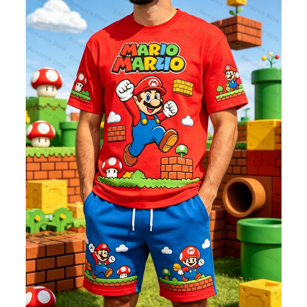 Мужской Набор из 2 предметов Super Mario Bros Футболка с Мультяшным Принтом + Шорты Летний Повседневный Уличный Стиль Спортивная Одежда Детский Набор Футболка + Штаны 2XL