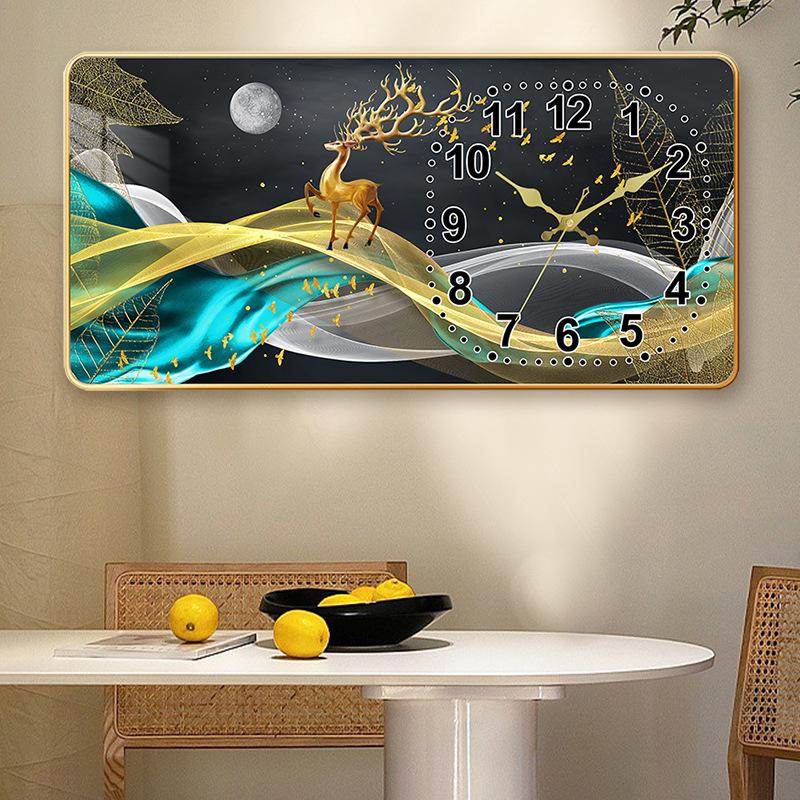 Creative Rectangular Wall Clock Living Room Crystal Porcelain Painting Wall Quartz Clock Silent Home with Calendar Silent Restaurant Clock