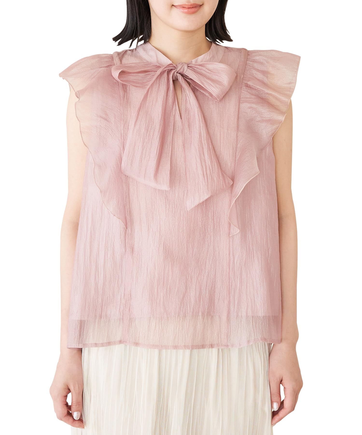 

Washable Shiny Bowtie Frill Front and Pink [BIS] Women s Blouse, 2-Way Back, (63)