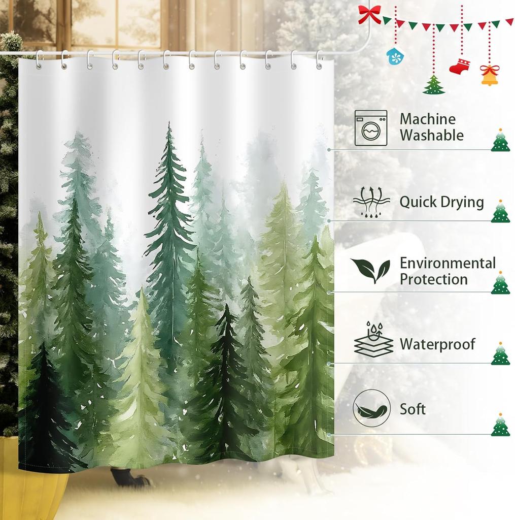 Forest Green Shower Curtain For Bathroom, Watercolor Pine Tree Winter Decor Nature Woodland Artistic Shower Curtain Waterproof