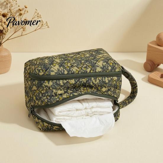 Travel Stroller Storage Bag Quilted Diaper Wipes with Hanging Strap, Dual Compartment Zipper Large Capacity Baby Portable Bag, Dispenser for