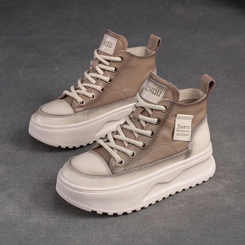 Johnature Flache Plateauschuhe aus echtem Leder zum Schnüren mit dicker Sohle, lässige, vielseitige Damenschuhe aus Rindsleder