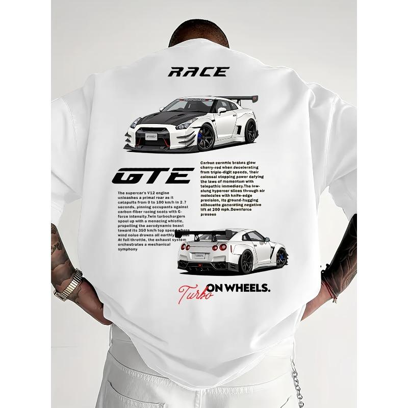 European Sizes Men'S Letter Car Pattern Round Neck T-Shirt, Racing Element Print Tee, Suitable for Car Enthusiasts' Casual Wear