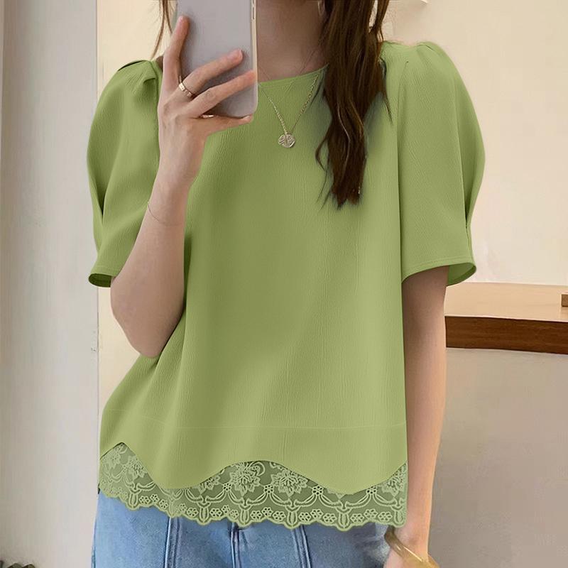 ZANZEA חולצת נשים קז'ואלית עם צווארון עגול ושרוולים קצרים, תחרה מחוברת