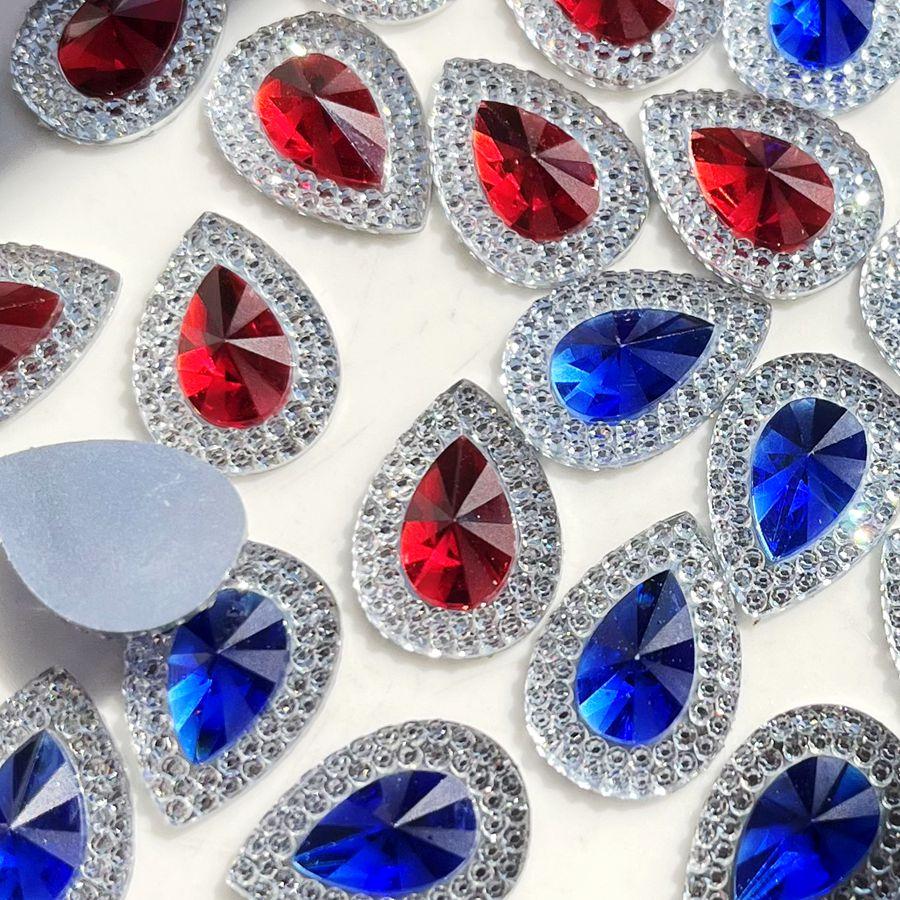 50pcs deep blue/scarlet 13*18mm teardrop-shaped resin rhinestones with flat backs, suitable for jewelry crafting DIY decorations
