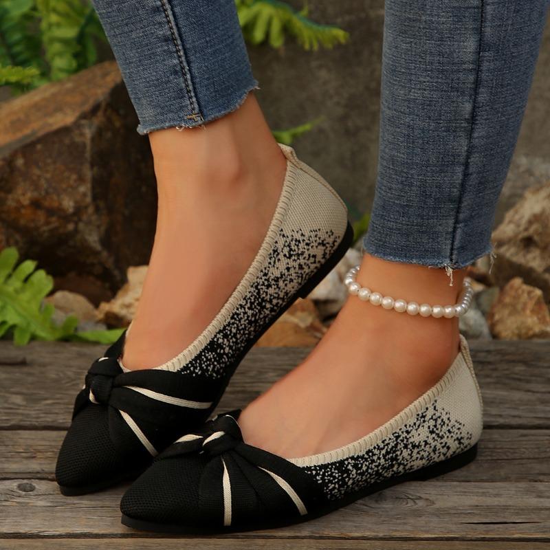 Women's Pointed Toe Slip-On Flats, Breathable Flyknit Bow Loafer Shoes, Plus Size Casual Spring Fall Shoes