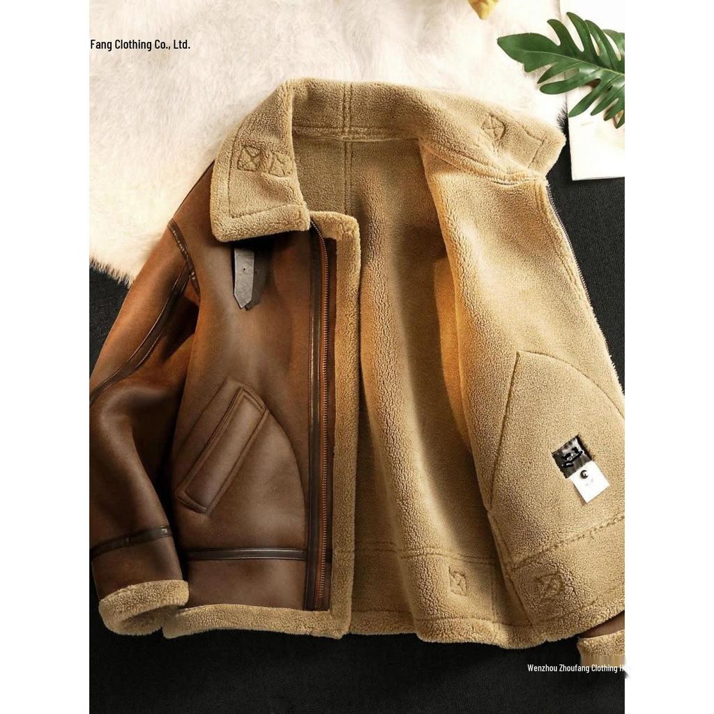 Unisex Retro Lambswool Motorcycle Jacket - Thickened Velvet Leather for Autumn & Winter