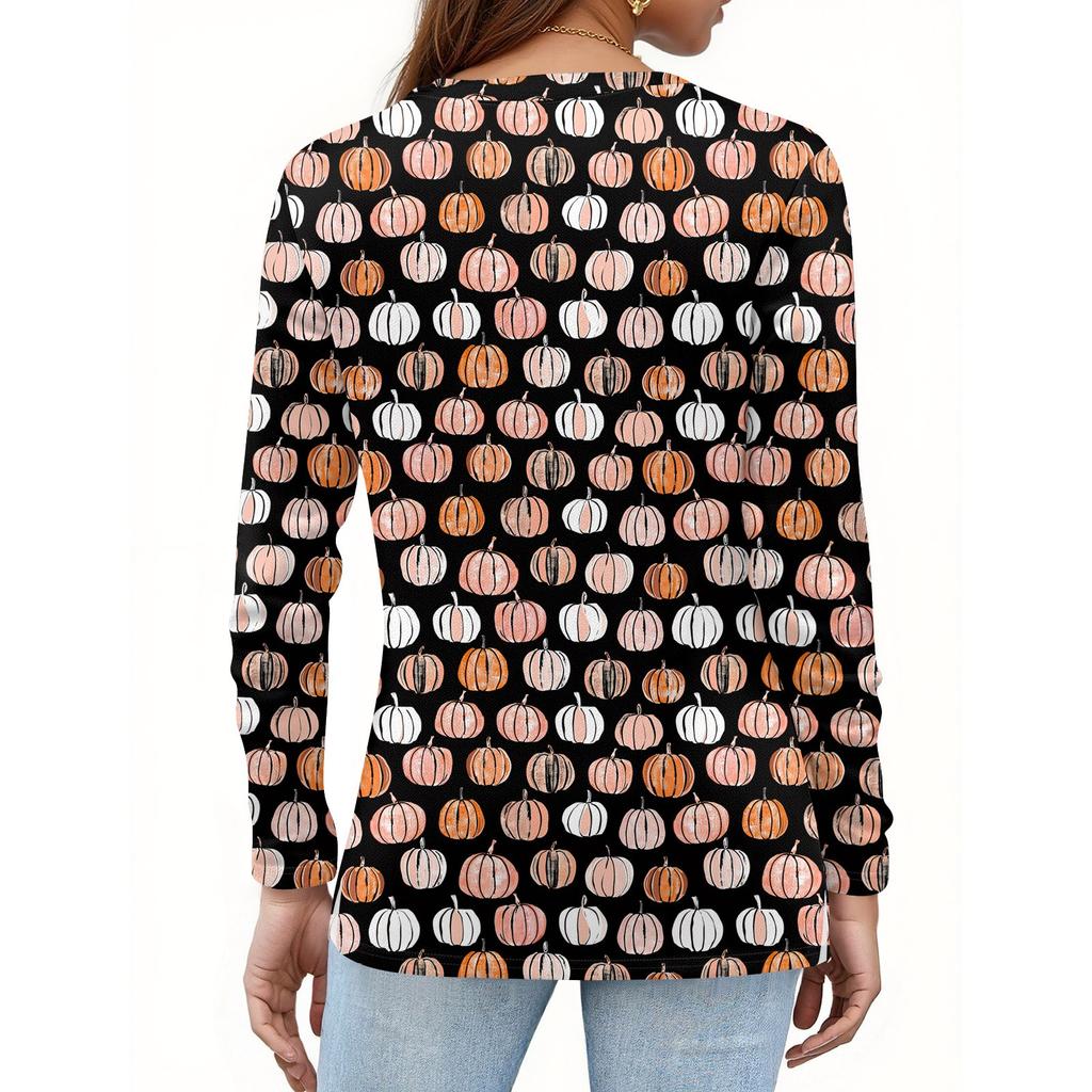 Damenmode Saumschlitz Lässig Halloween-Print Rundhals Langarm Oberteil