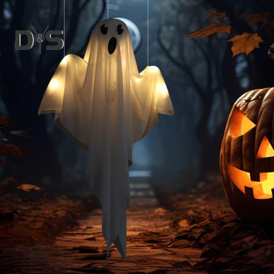 Halloweenská závěsná dekorace duch zářící bílý duch se světlem provázku Vnitřní venkovní světelná rekvizita duchů pro vystavení strašidelného domu na večírku