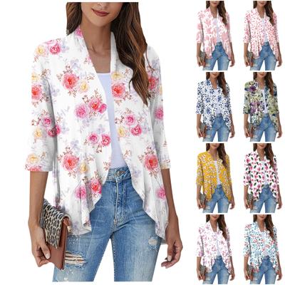 Haut court décontracté à manches courtes et col en V pour femme, imprimé tendance, cardigan doux et drapé à volants