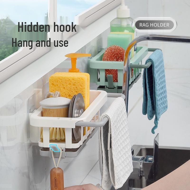 Wall-Mounted Retractable Kitchen Rack: No-Drill Dishcloth Holder, Spice Shelf, and Sink Drain Basket