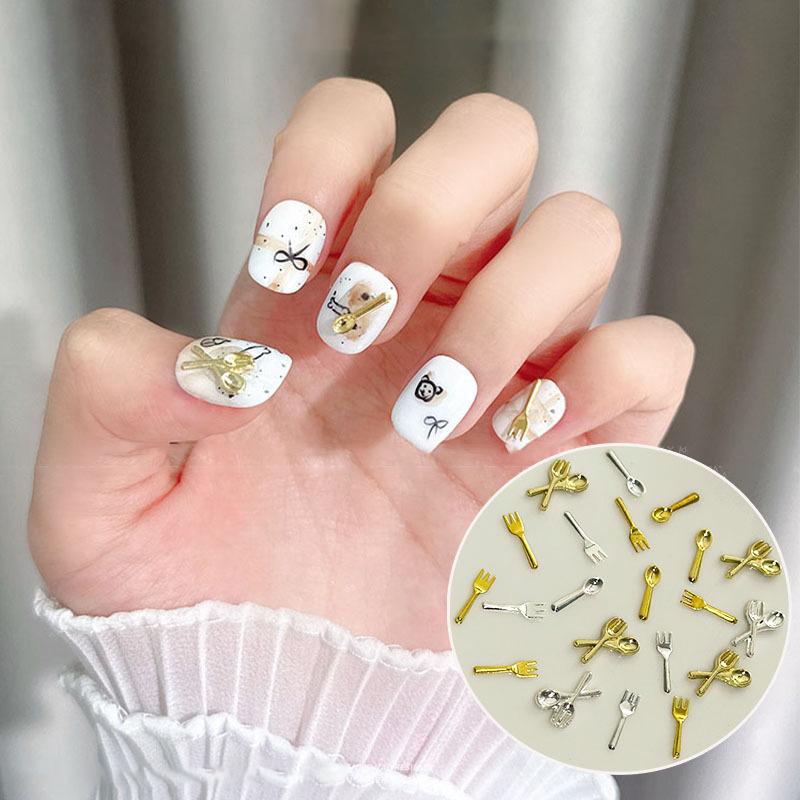 6 Grids/Box Mix Gold Silver Mini Forks Spoons Tableware Alloy Nail Art  Decorations Manicure Cure Charms Accessories