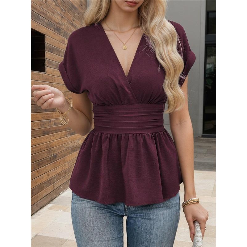 Damen V-Ausschnitt Kurzarm Peplum Bluse Lässig Wickel Taille Slim Fit Sommer T-Shirt Top