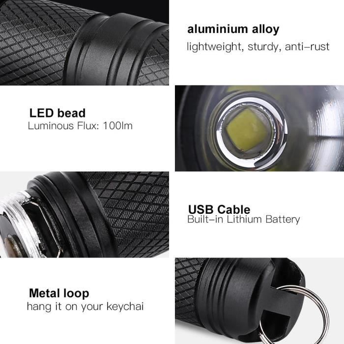 Lampe de poche - Atyhao - Mini LED rechargeable USB - Portable - Noir - Torche de poche