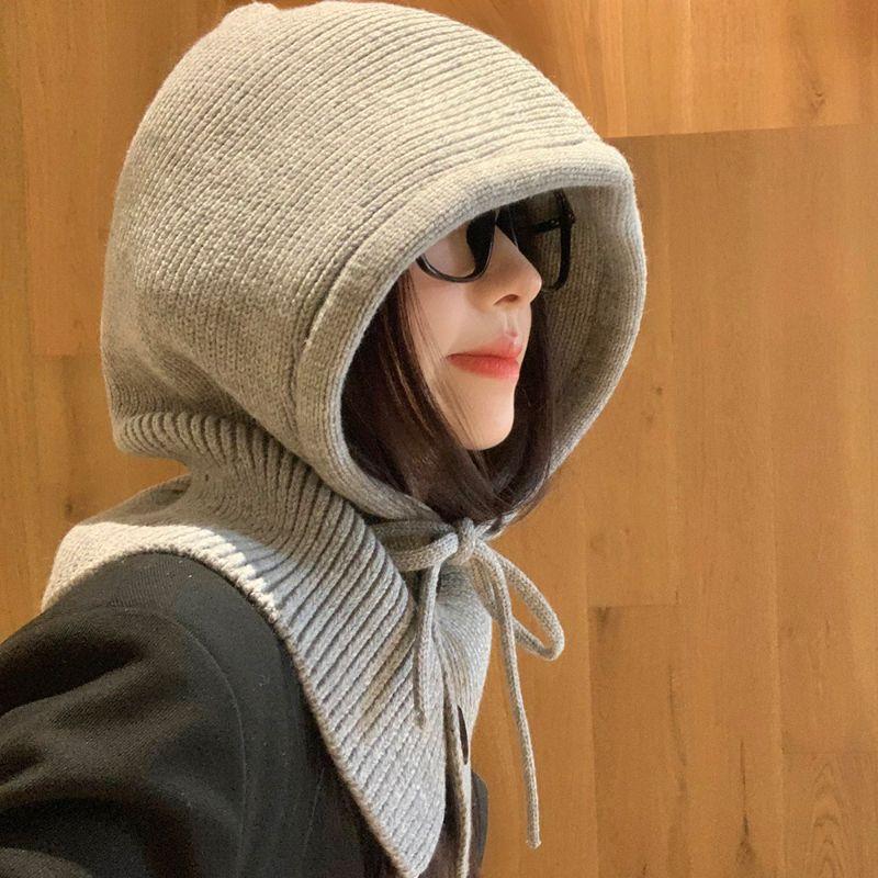 Winter Balaclava Hats Knitted Hooded Caps Women Korean Style Outdoor Warmer Drawstring Hats One-piece Neck Collar Beanies Cap