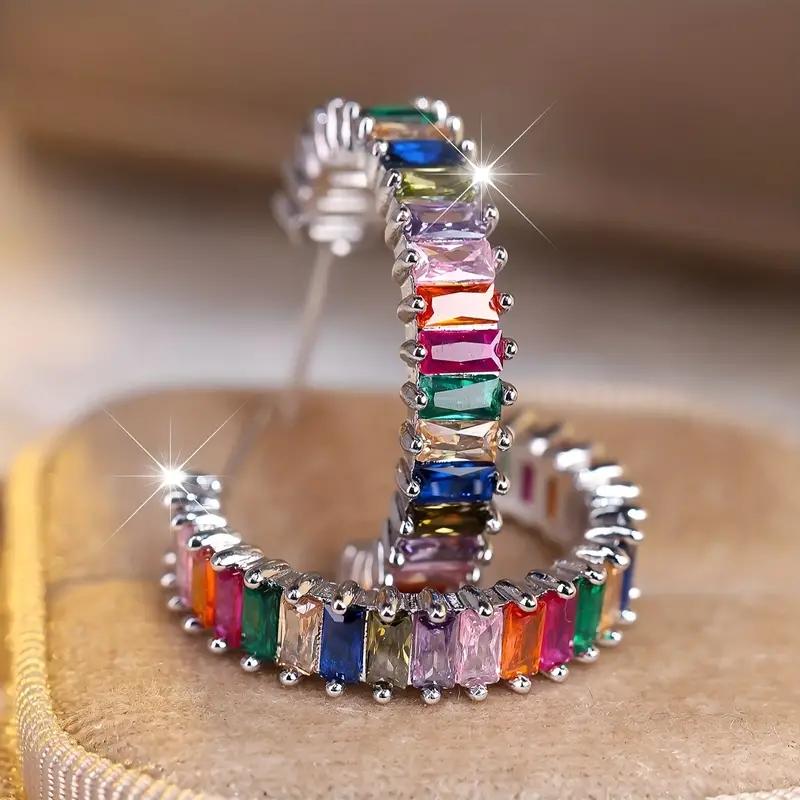 Huitan Bright Multi-colored Zirconia Loop Earrings Women Fashion Accessories for Engagement Modern Trendy  for Daily Wear