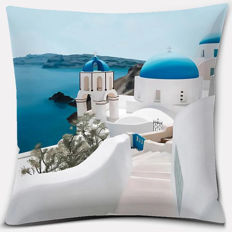 45x45cm Nordic Blue and White Castle Scenery Pillowcase Comfortable Sofa Seat Cushion Cover Hotel Home Decor Embrace Pillowcase
