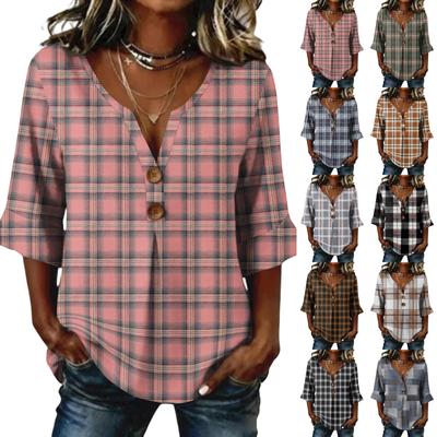 Top casual de mujer a cuadros con botones, cuello en V, moderno, manga de tres cuartos