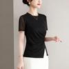 Women's Elegant Black Short Sleeve Top Mesh Patchwork Ruched Side Split Slim Fit Casual Blouse