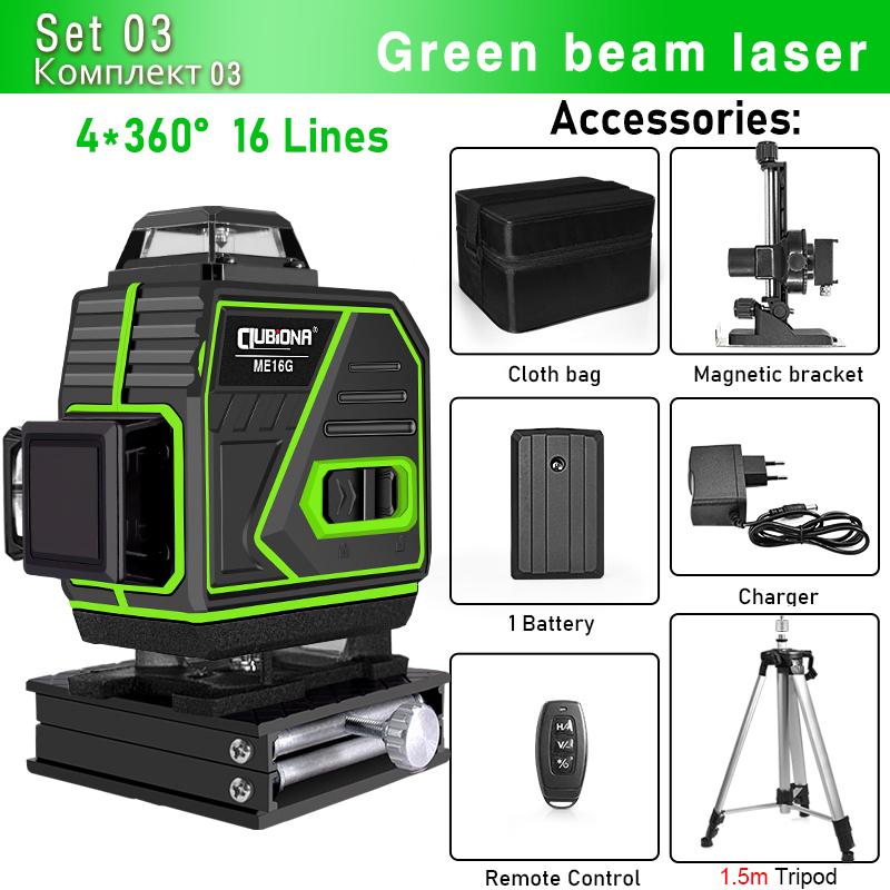 CLUBIONA 4D 16 Linien Laser Level 1PC oder 2PC Li-Ion Batterie Remote Pulse Mode Empfänger Super leistungsstarker grüner Strahl Professioneller Laser