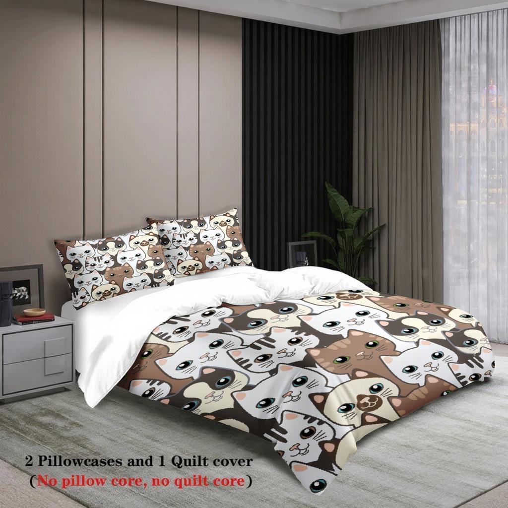 Cute Cat Face Bedding Sets Comforter Not Included Cartoon Animal 3D Printed 3pcs 100% Polyester Duvet Cover With 2 Pillowcases