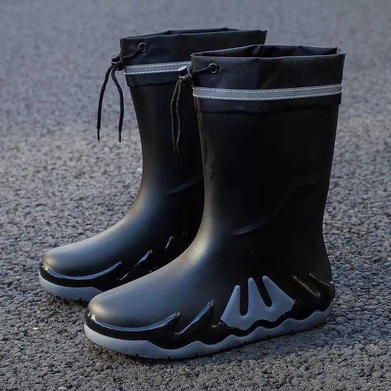 Young Motorcycle Fleece-lined Winter Men's Rain Boots Print Biker Warm Pvc Waterproof New Fishing Work Original Mud Male Shoes
