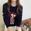 Women's Wool Round Neck Sweater with Cartoon Bunny Embroidery - Cute Style for Autumn/Winter