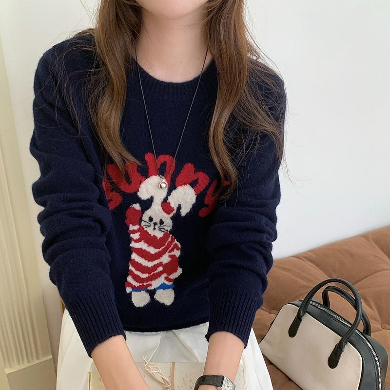 Women's Wool Round Neck Sweater with Cartoon Bunny Embroidery - Cute Style for Autumn/Winter