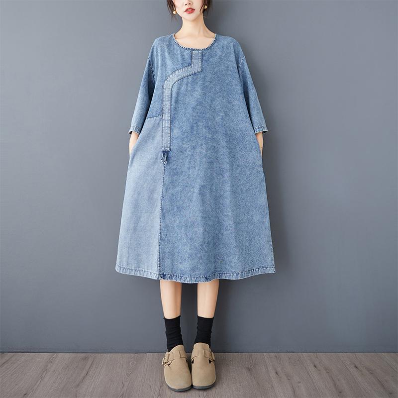 

DIMANAF Новое женское летнее джинсовое платье 2025 года больших размеров с винтажным круглым вырезом, элегантное свободное синее базовое платье макси 3XL