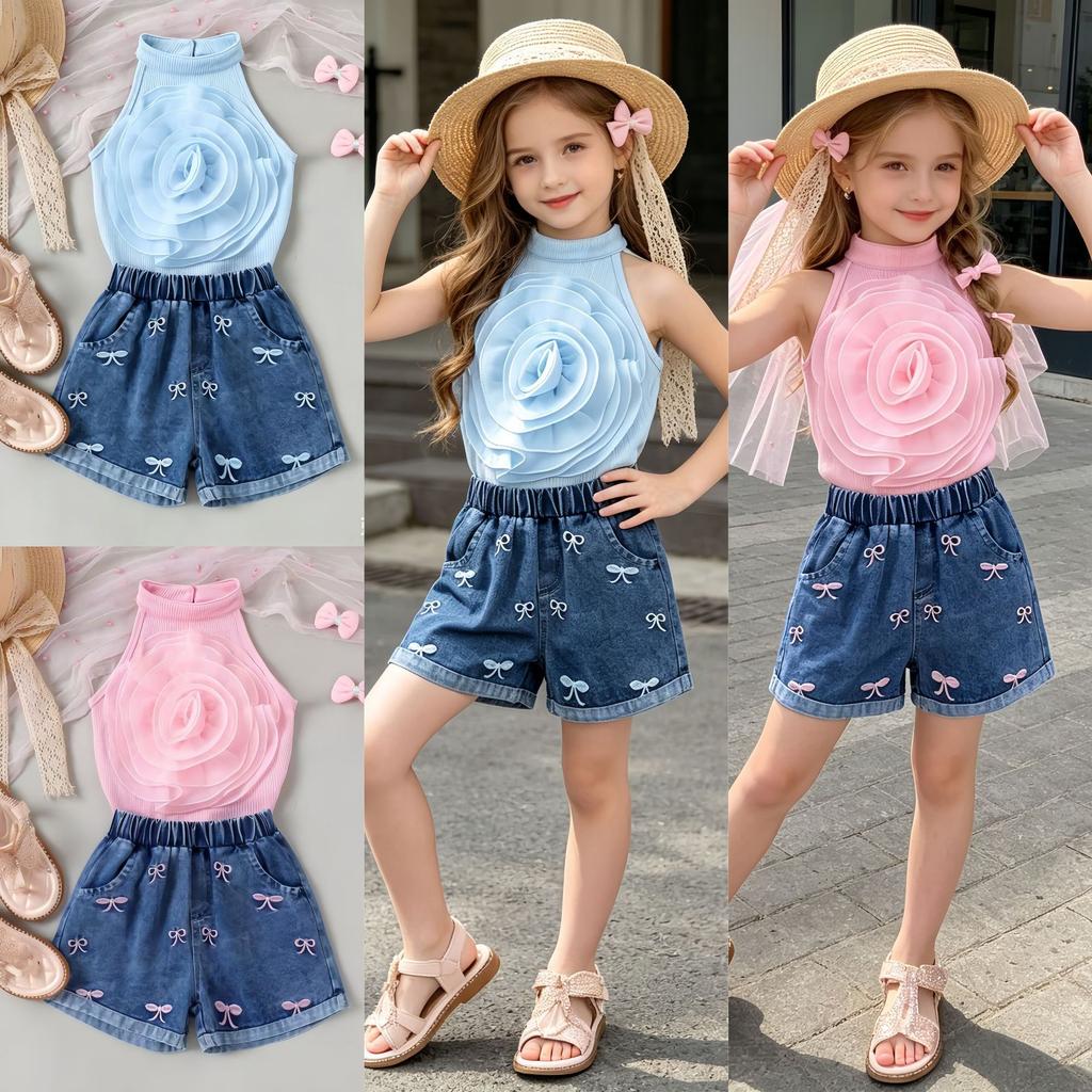 Children's Fashion Set: Summer Girls' Pink Floral Tank Top + Vintage-Style Jeans Two-Piece Set