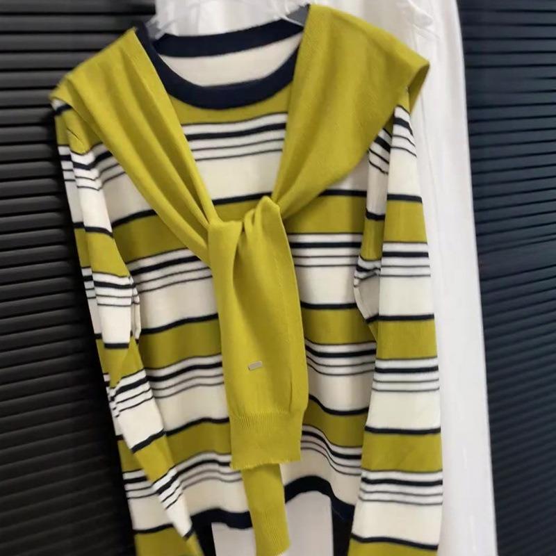Shawl Striped Crew Neck Bottom Shirt Long Sleeve Sweater Comfortable Pullover Autumn and Winter Skinny Knitted Sweater