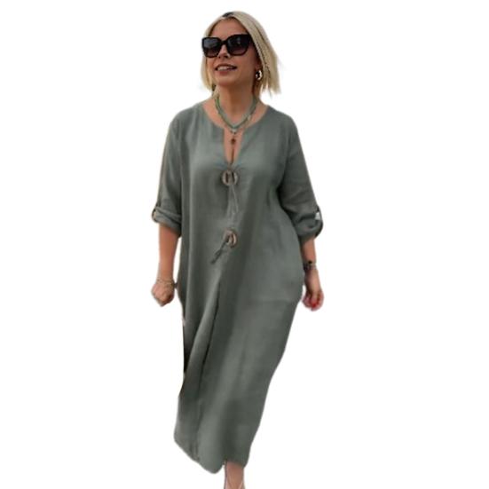 Sukienka damska z dekoltem w serek, guzikami, zdobiona, długimi rękawami, luźna, jednolita, w dużym rozmiarze, do połowy łydki, prosty styl, dojazdy do pracy, codzienne noszenie, sukienka midi