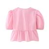 Women Summer Casual Cropped Tops O-neck Puff Short Sleeve Pullover Tops Ruffle Hem Back Lace-up Solid Color Thin Tees