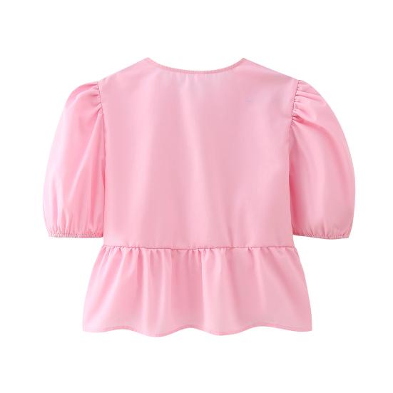 Women Summer Casual Cropped Tops O-neck Puff Short Sleeve Pullover Tops Ruffle Hem Back Lace-up Solid Color Thin Tees
