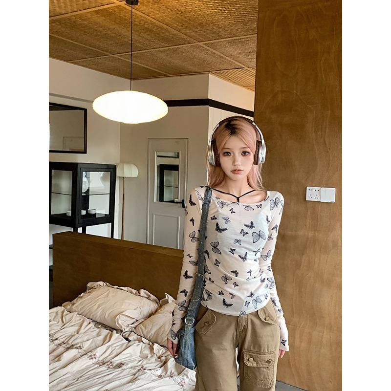 Autumn Winter O Neck Butterfly Printing Long Sleeve Bottomed T-shirt Women Long Sleeve Slim Tee Pullover Top