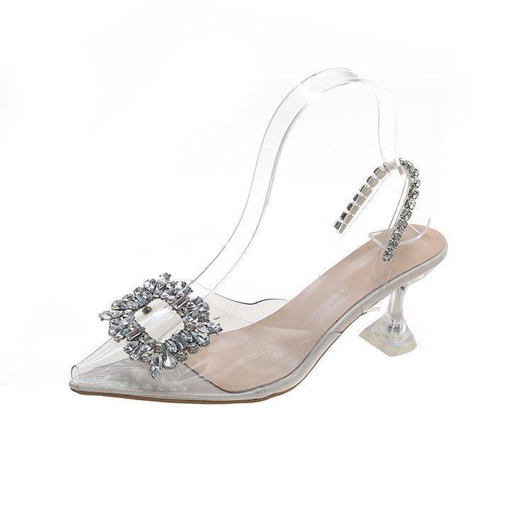 Baotou half slippers women's summer outer shoes rhinestone sandals transparent crystal high heels women's stiletto shoes high heels slippers