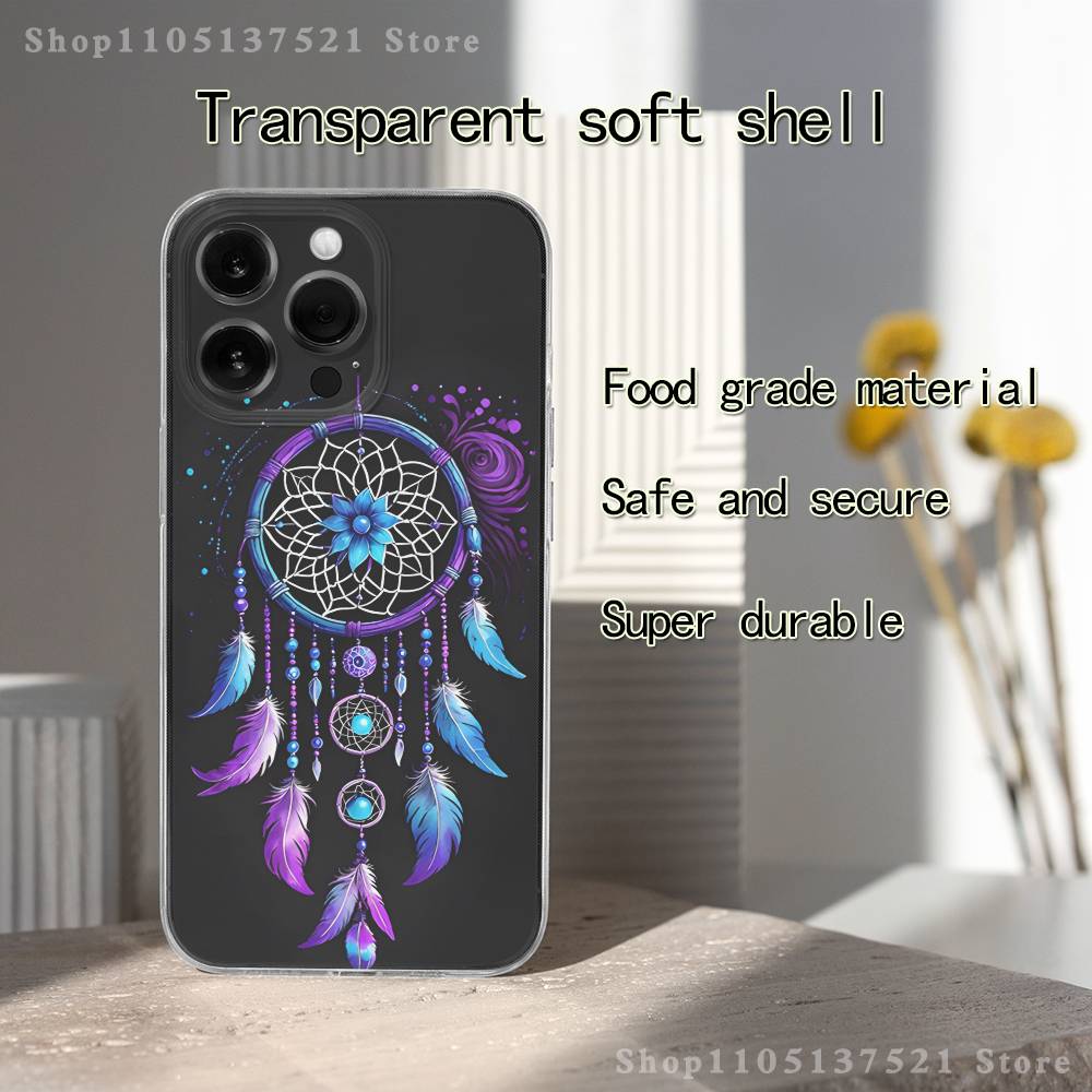Feather Art Dreamcatcher Phone Case For iPhone 17,16,15,14,13,12,11 Pro,Max,Plus,X,XS,XR,SE4,E Mini Transparent Soft Cover