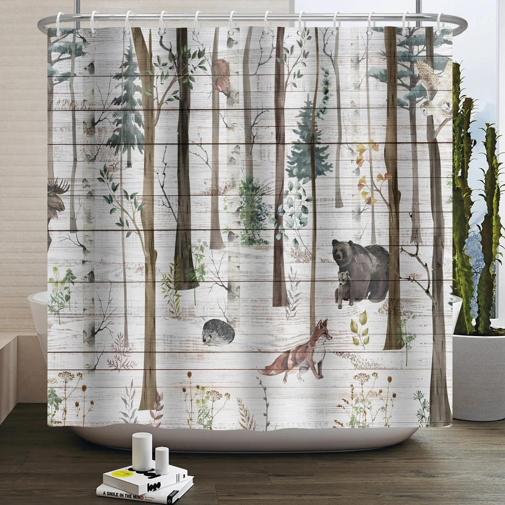 Forest Animals Shower Curtain jungle Trees Plant Wildlife Bird Bear Elk Fox Deer Modern Minimalist Kids Bathroom Shower Curtain