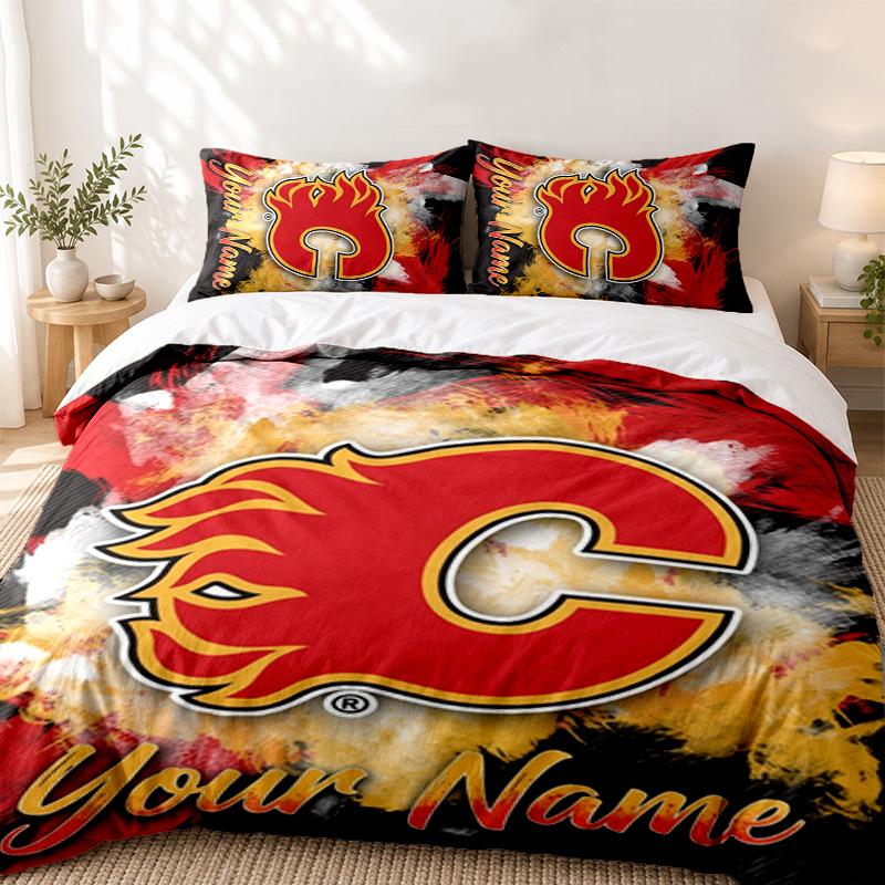 Calgary Flames Custom Name 3pc set Perfect for bedroom use Comfortable bedding set includes a duvet cover and two pillowcases Ideal birthday or Christ